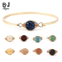 bojiu 2021 new fashion golden bangles for women chic round natural quartz druzy stone copper metal bracelets femme jewelry br045