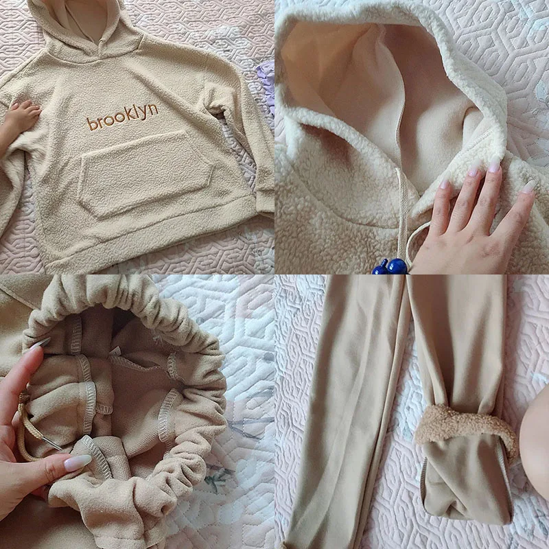 

Fall Winter Fashion Suit Women Outfit Korean Loose Thick Faux Lamb Wool Hoodies And Casual Woolen Trousers Trendy Two Piece Set