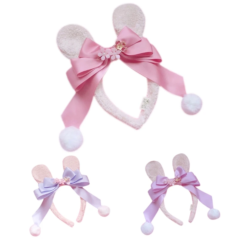 

Japanese Lolita Rabbit Ears Headband Sweet Cherry Blossom Bow Bunny Hair Hoop Cute Pompom Anime Cosplay Headpiece