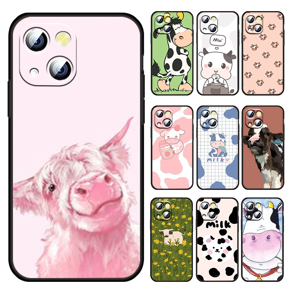 

Cartoon hobby watching cow For Apple iPhone 13 12 11 Pro mini XS MAX XR X 7 8 6 5S Plus Silicone Soft Black Phone Case