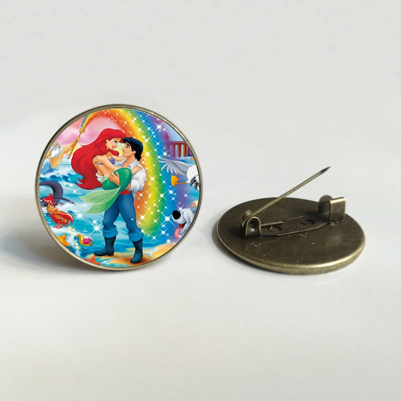 Fashion Anime The Little Mermaid Ariel Round Badge Princess &amp Prince Photo Glass Gem Brooch for Girls Kids Jewelry | Украшения и