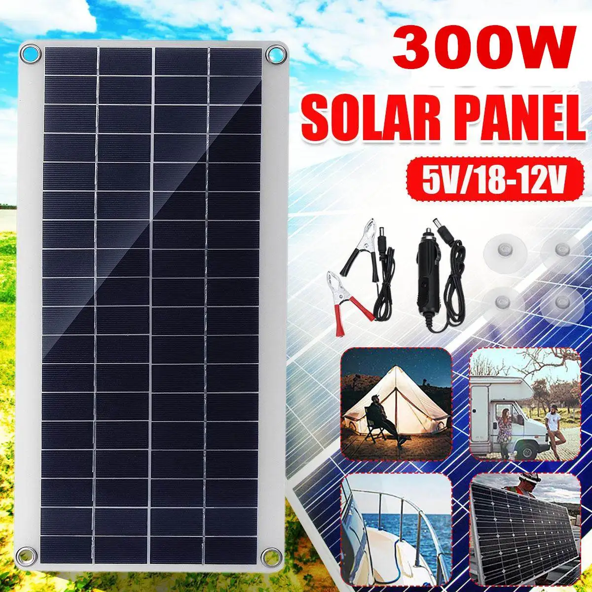 300W Solar Panel Fast-charging Waterproof Portable Dual 12/5