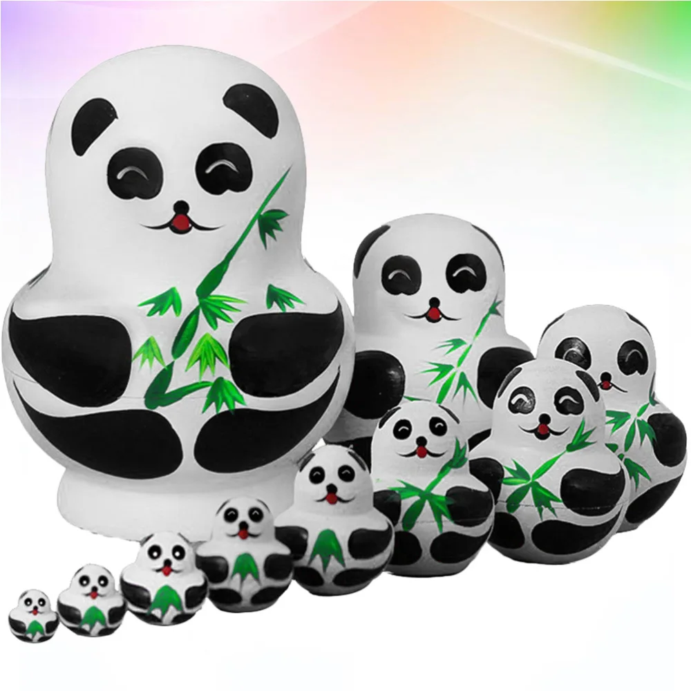 

10pcs Wood Big Belly Panda Lovely Hand Painted Nesting Dolls Russian Toys Sets Collection