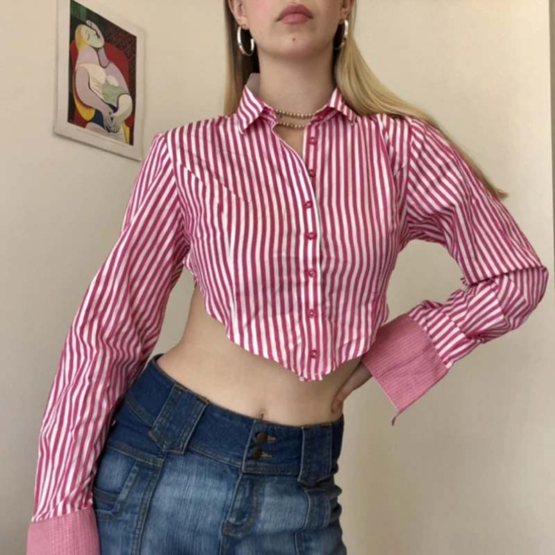 

Женская короткая рубашка с открытой спиной, в полоску, с длинным рукавом и отложным воротником