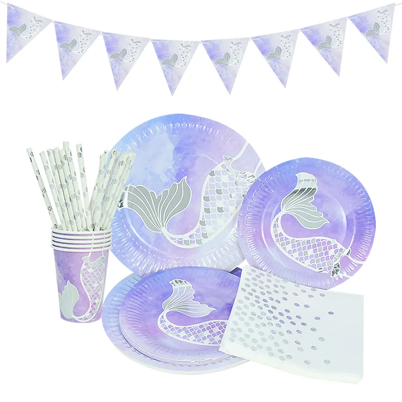 Mermaid Disposable Tableware Birthday Party Decorations Kids Girls Favors Mermaid Themy Party Paper Plate Cup Straw Supplies