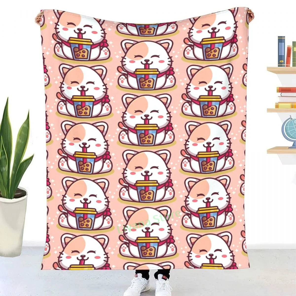 

Cute Kawaii Cat Boba Bubble Milk Tea Anime Neko Kitten Throw Blanket 3D printed sofa bedroom decorative blanket children adult