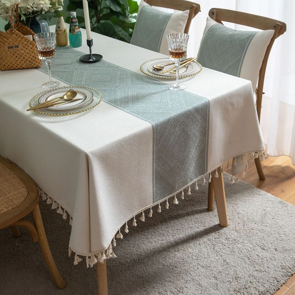 cotton geometric jacquard fabric tablecloth linen rectangular home decoration table cover with tassel for banquet party nappe free global shipping