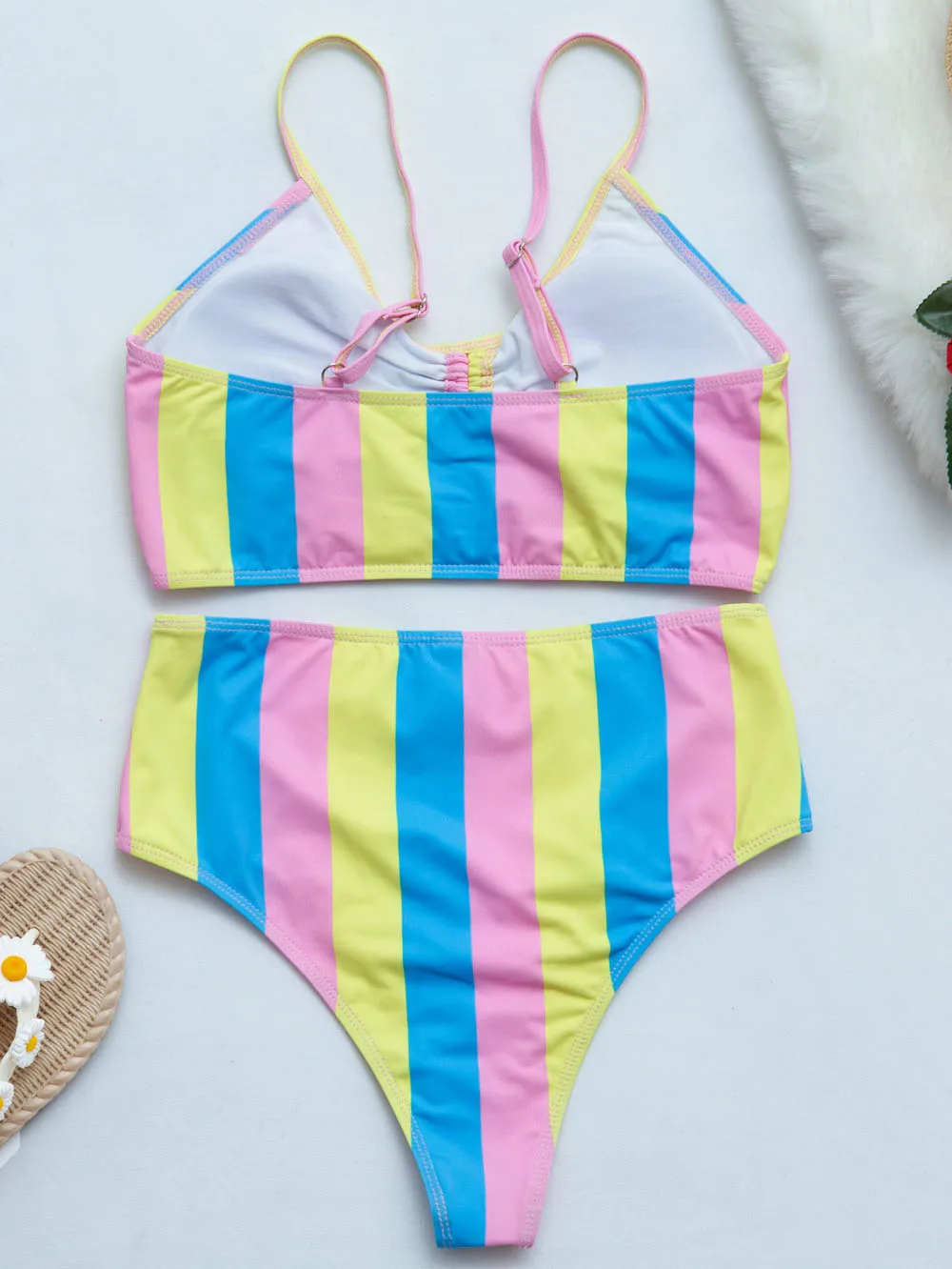 

2021 Summer Striped Ruffle Push Up Women Bandeau Swimsuit Female Swimwear Bra Cup Bikini Set High Cut Bathing Suit