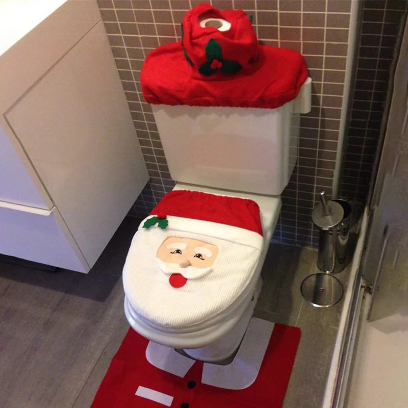 

3PCS Christmas Toilet Seat & Cover Santa Claus Bathroom Mat Xmas Decor Bathroom Santa Toilet Seat Cover Rug Home Decoration 2021