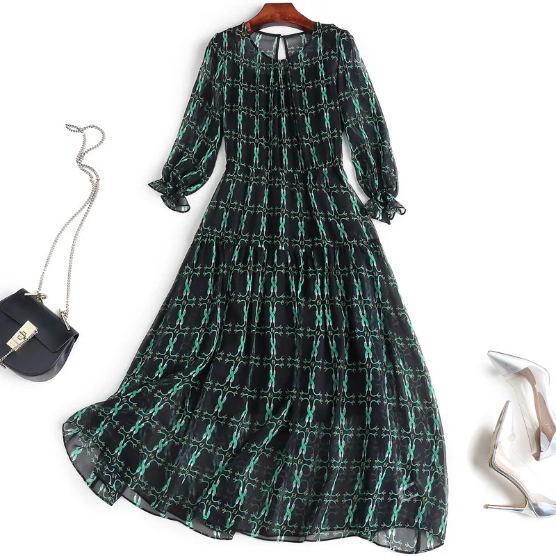 

silk dresses women natural 2020 spring summer printed green floral office casual sexy beach dress fairy plus size high quality
