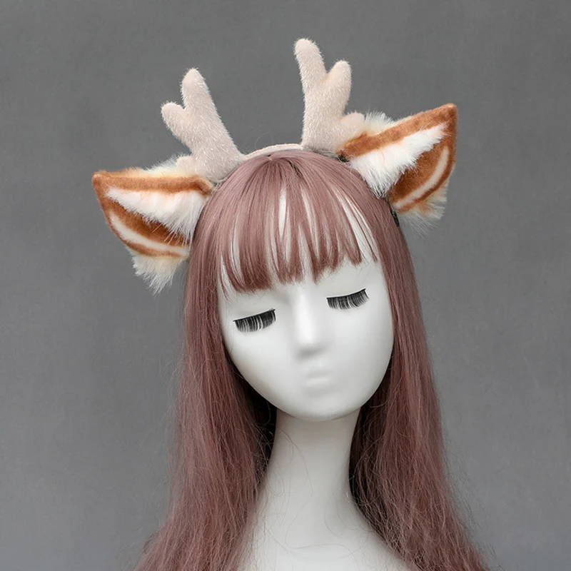 Furry Anmimal Faux Fur Antler Hair Band Women Cute Reindeer Deer Ear Hair Hoop Xmas Headbands Lolita Anime Cosplay Headwear