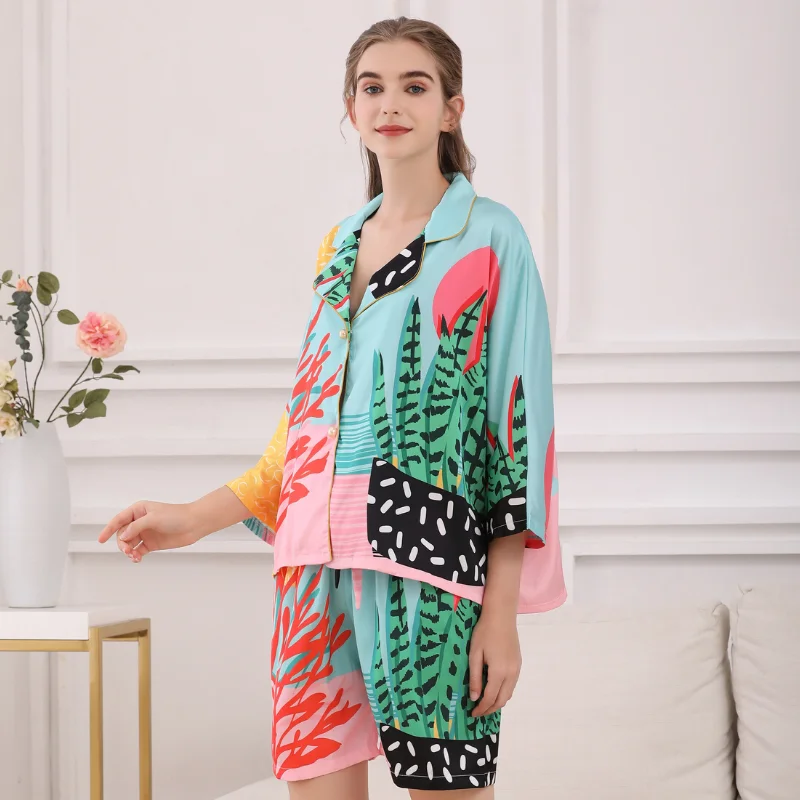 Women Silk Pyjamas Femme Satin Pijama Sleepwear Short Sleeve Fashion Pajamas for girl Nightwear Suit Home New 2021 Home Clothes