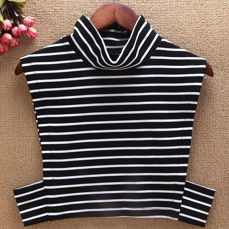 

Womens Fake Collar Striped Turtleneck Faux False Collar Blouse Top Black White Female Sweater Detachable Collars Accessories