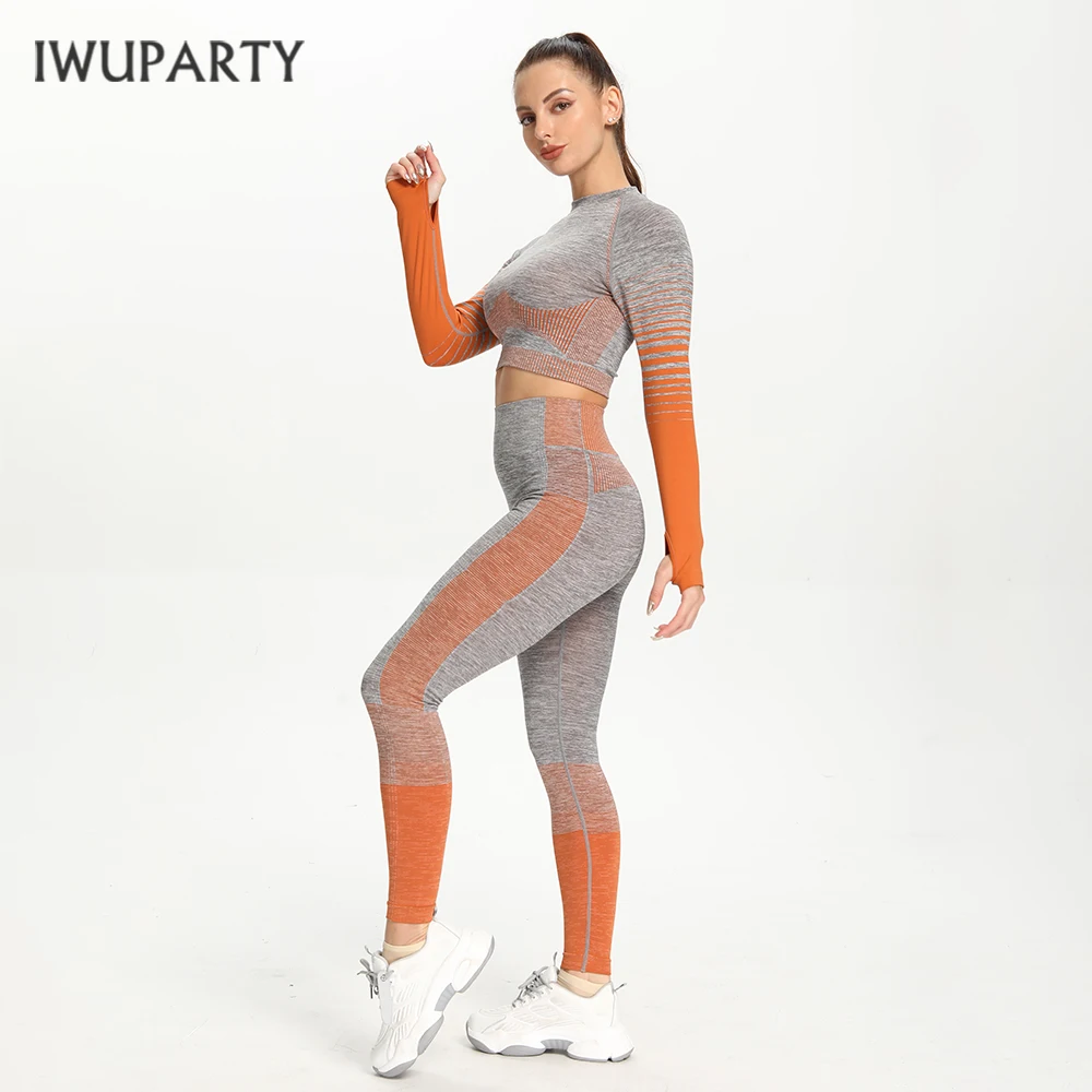 

IWUPARTY Seamless Women Yoga Set Workout Sportswear Gym Clothing Fitness Long Sleeve Crop Top High Waist Leggings Sports Suits