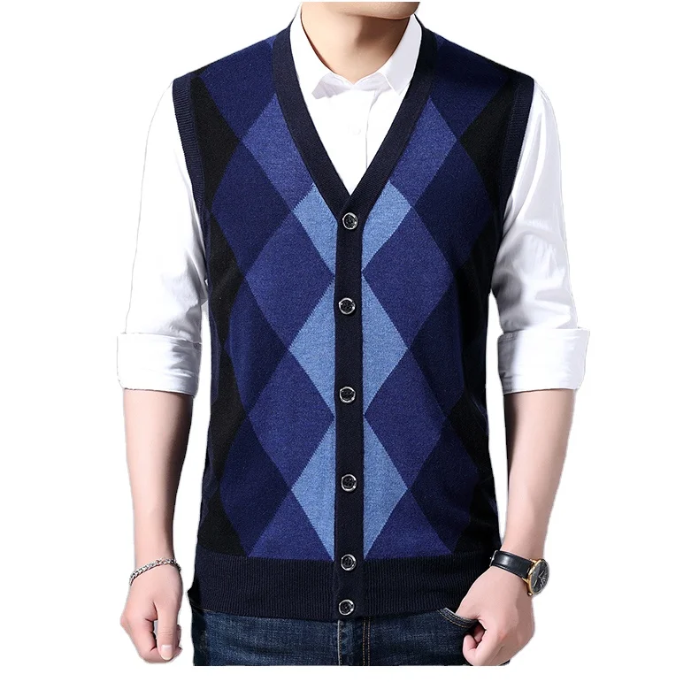 

Men Fashion V-Neck Front Open Argyle Pattern Jacquard Knitted Cardigan Vest Button Wool Sweater Vest