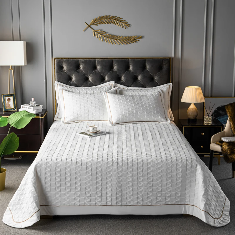 

White Blue quilted bedspread set 3pcs Soft Lightweight All Season Coverlet Bed Cover pillow shams Breathable Machine washable