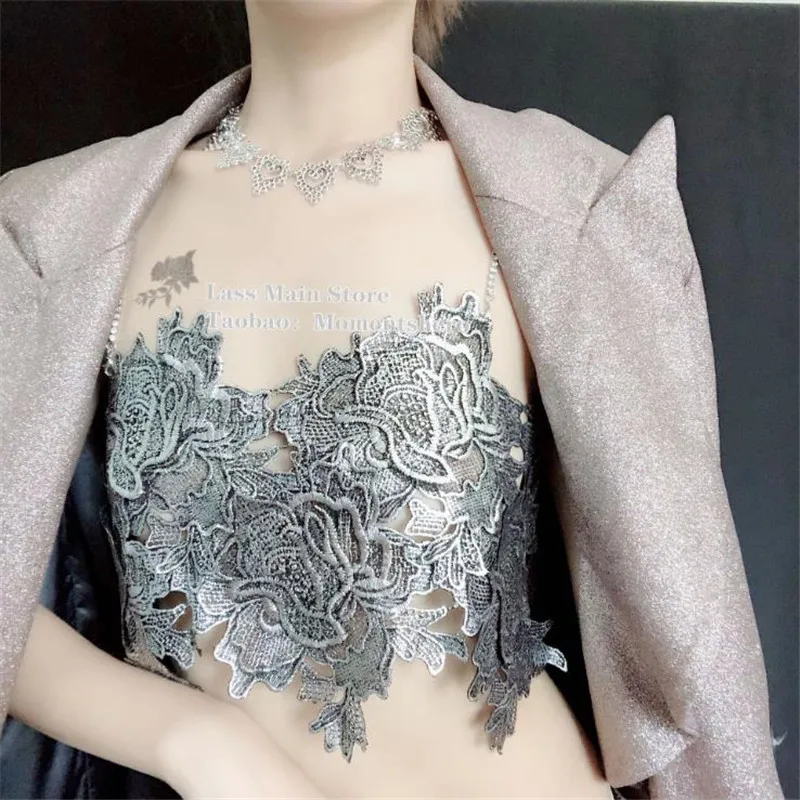 

2020 new Women Camisole Top Lace Embroidery Hollow Out Pearl Luxury Crop Top Bustier Bra Night Club Party Tank Tops Female Top