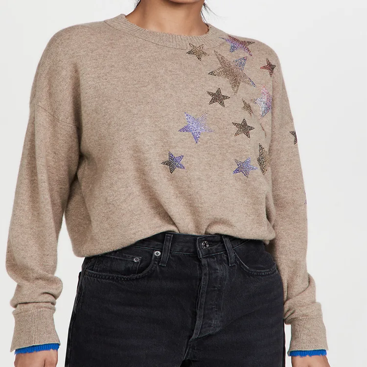 

Women Sweater Fall and Winter 2021 Round Neck Long-sleeved Stars Color-blocking Cuffs Women 100% Cashmere Knitted Sweater