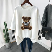 women long sleeved t shirt 2021 spring autumn embroidered little bear cartoon shirts fake two piece loose top striped sleeve