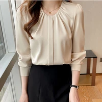 spring 2022 o neck folds elegant womens blouse summer long sleeve office lady beige satin shirt solid tops female