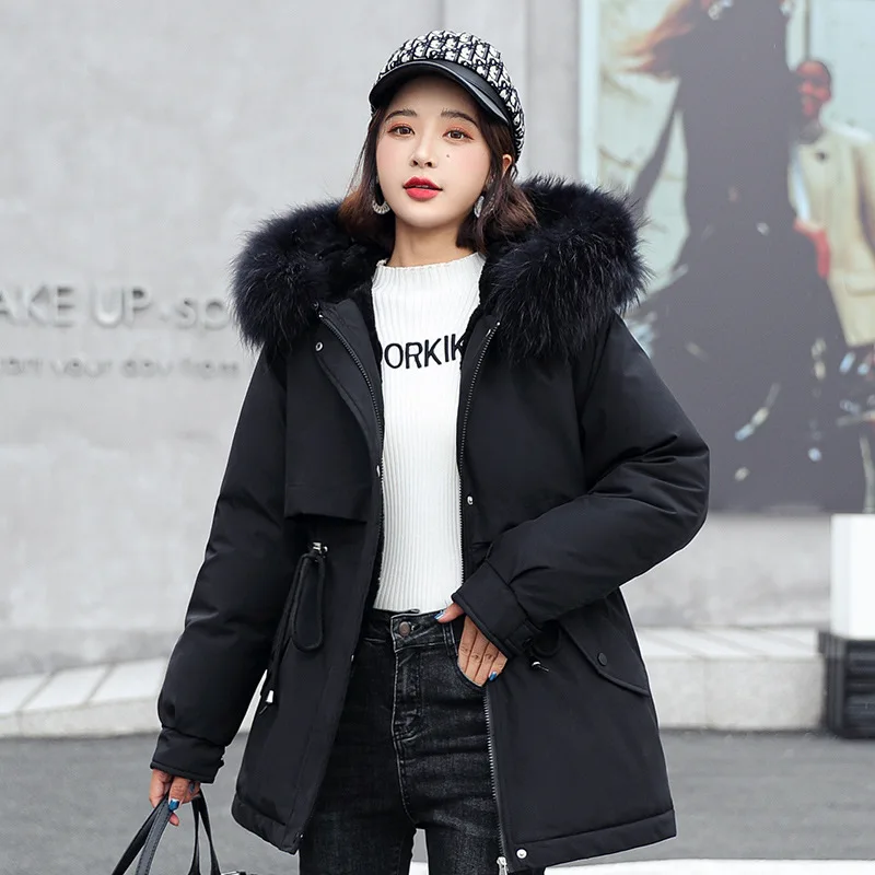 2021 New Fashion Women Snow Hooded Coats Warm Fur Collar Thick Jacket Mid-length Parkas Coats with Zipper Winter Clothes Women