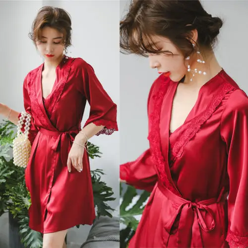 

Sexy Lingerie Women Silk Rose Lace Robe Underwear Short Sleeve Babydoll Nightdress Sleepwear Set