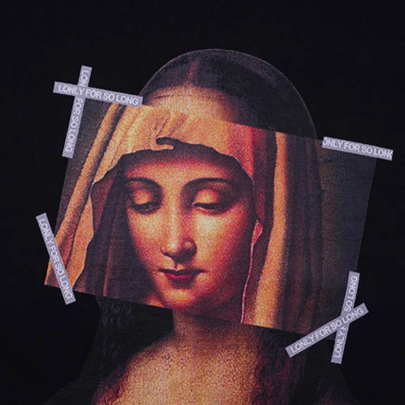 

Novelty Men New luxury Virgin Mary Mona Lisa T Shirts T-Shirt Hip Hop Skateboard Parkour Street Cotton T-Shirts Tee Top N158