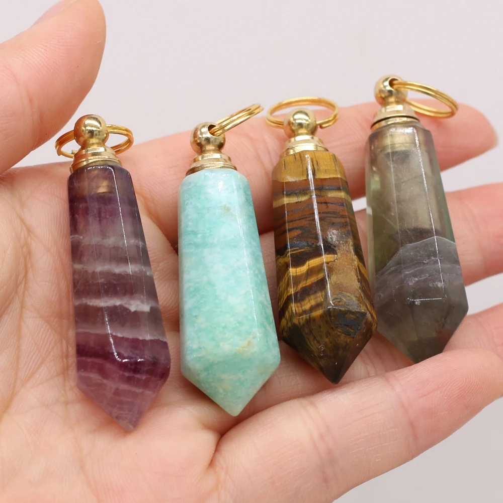

Natural fluorite tiger eye stone amethyst amazon stone pendant essential oil diffuser perfume bottle For DIY Necklace Charm Gift