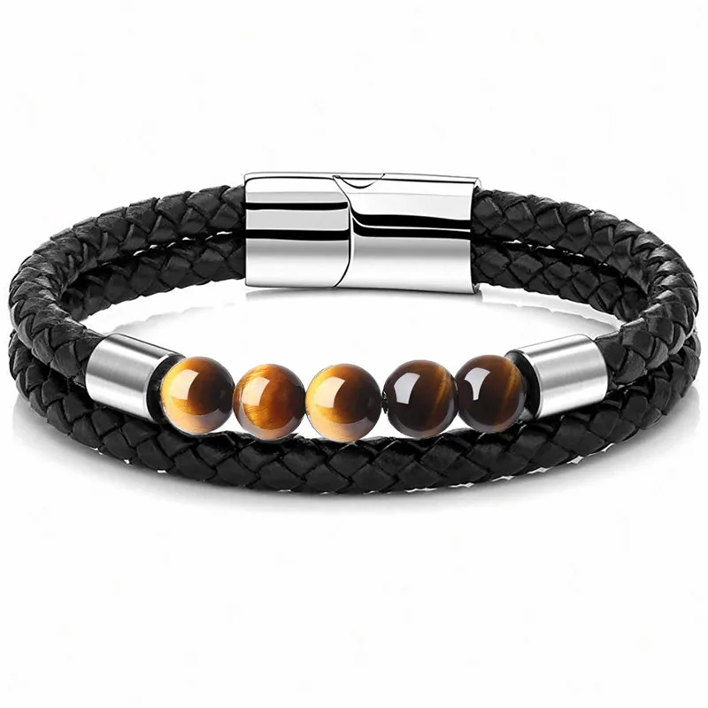 

Fashiong Natural Stone Leather Bracelet Stainless Steel Leather Natural Tiger eye Stone Bracelet For Men And Women Boutique