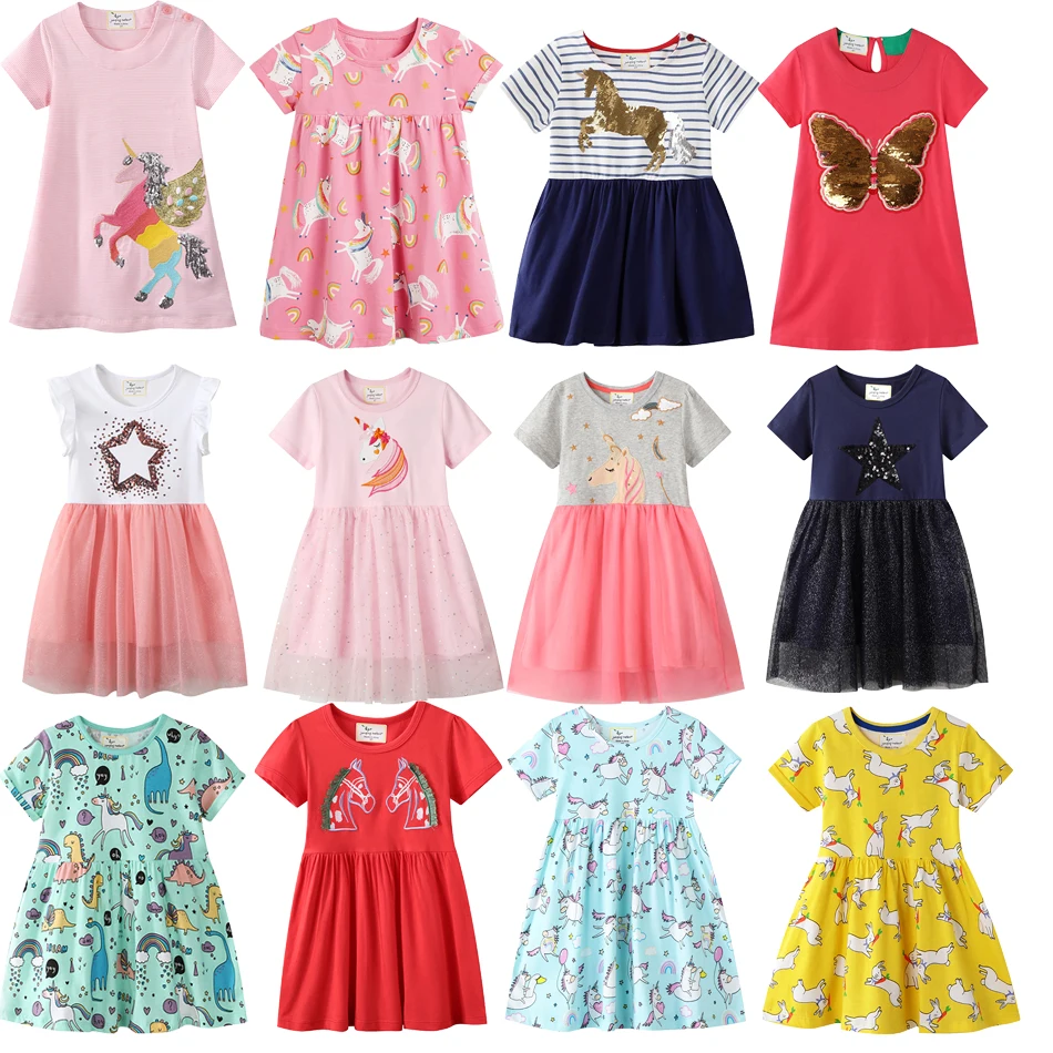

Unicorn Princess Dresses for Girls 2021 Spring Summer New Children Wear Short Sleeve Jumping Meters Baby Clothes Kid's Costume