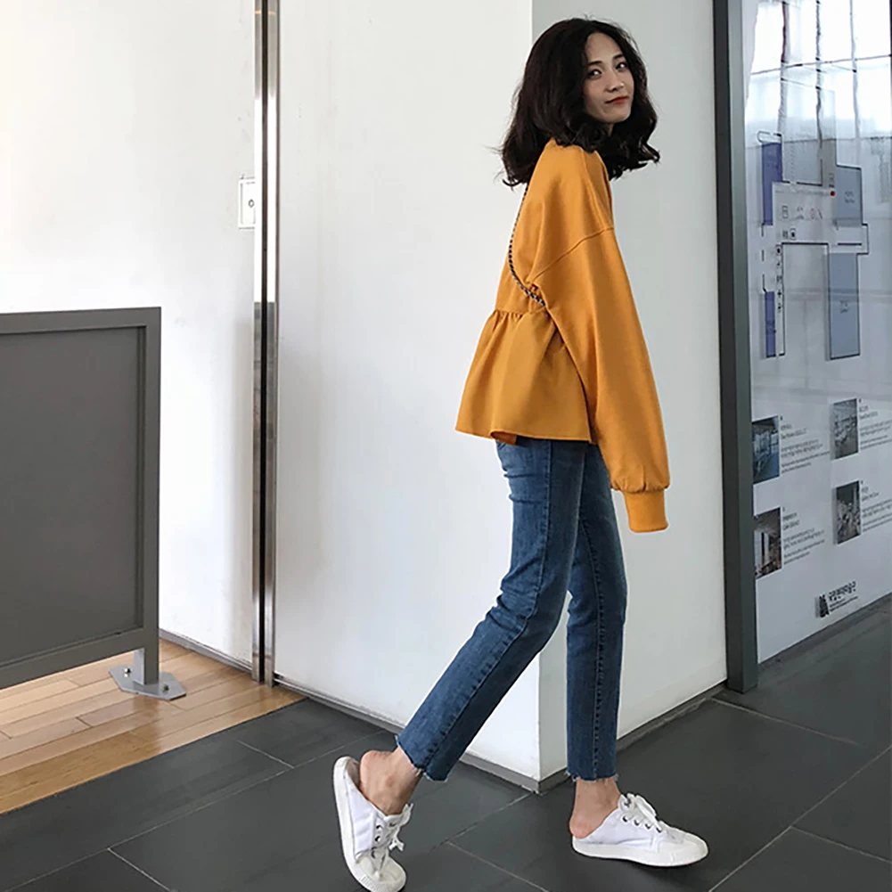 sweatshirt women vintage Solid Color Blouse Long Sleeve O Neck Large Hem Loose sweatshirt Pullover Women's Clothing xxl