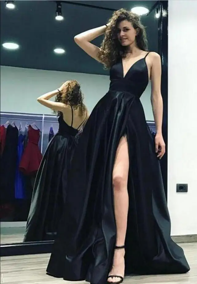 

Черные Выпускные платья с V-образным вырезом, Длинные Сексуальные Коктейльные Вечерние платья с разрезом сбоку, а-силуэт, дешевое вечернее п...