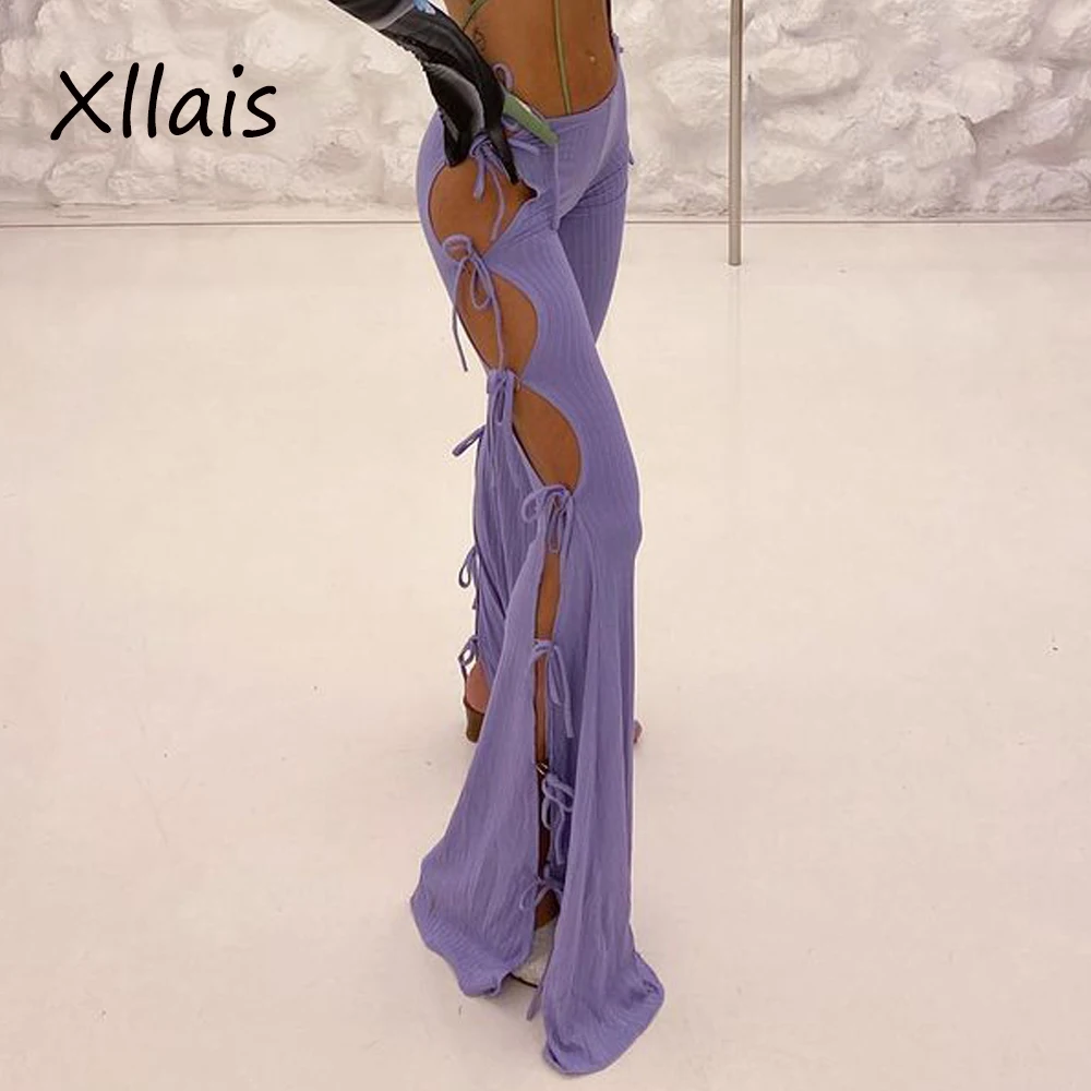 

XLLAIS Sexy Bandage Knit Flare Pants Spring Summer Slim Low Waist Ties Long Trousers Elegant Club Party Mopping Pants Women