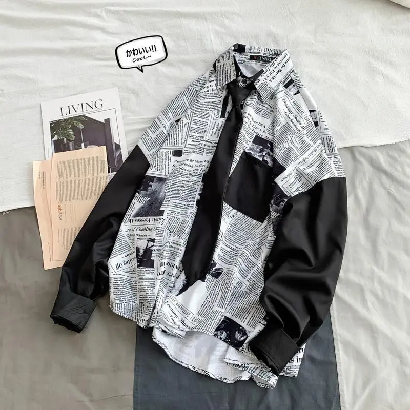 

Men's shirt spring autumn newspaper printed coats wild oversized Korean handsome loose women long-sleeve shirts couple jacket