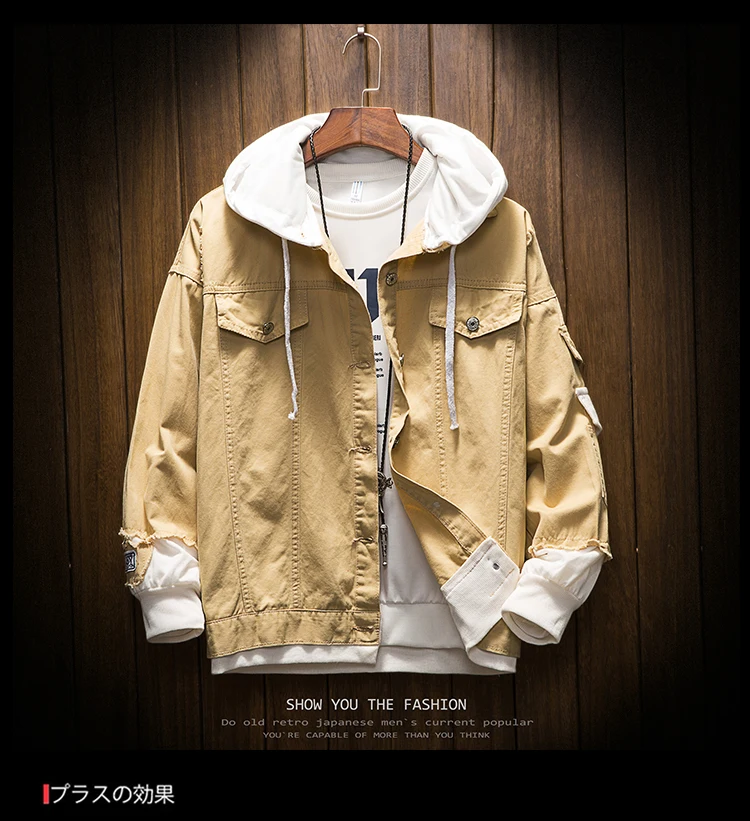 

Men Autumn Hooded Denim Jackets Pink Jean Coats Good Quality Men Cotton Holes Denim Coats Fashion Jean Jackets Size 3XL