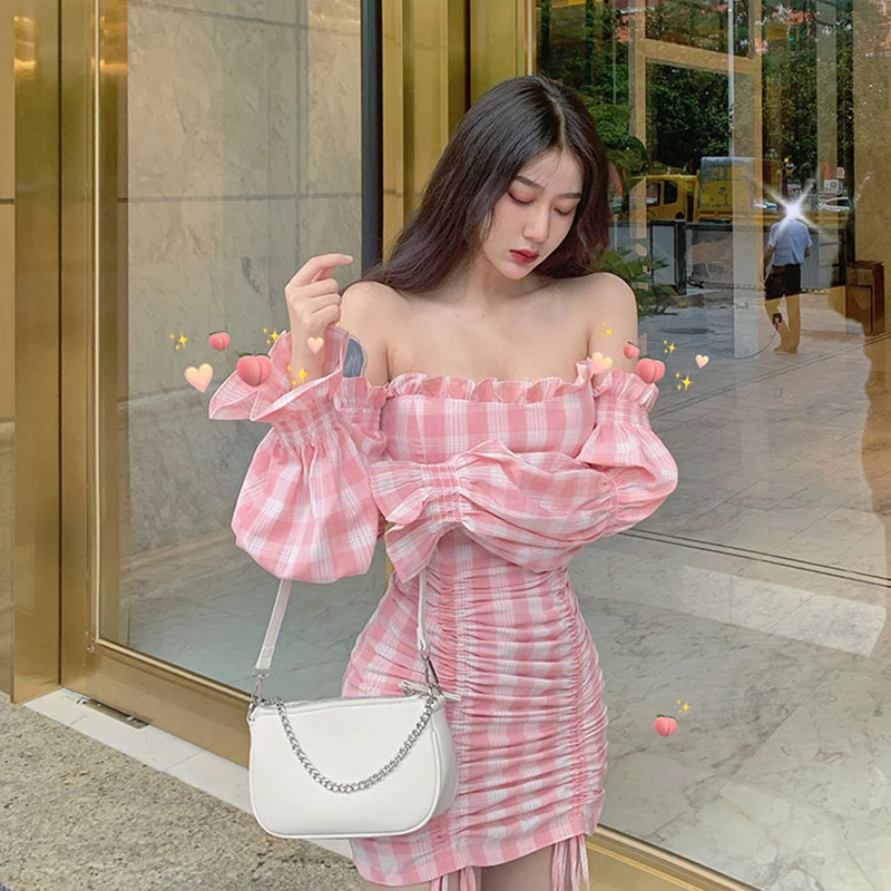 

Long Sleeve Dress Women Pleated Slash-neck Plaid Sweet Bodycon Flare-sleeve Lady Slim Sexy Club-wear Trendy Chic Ulzzang Elegant