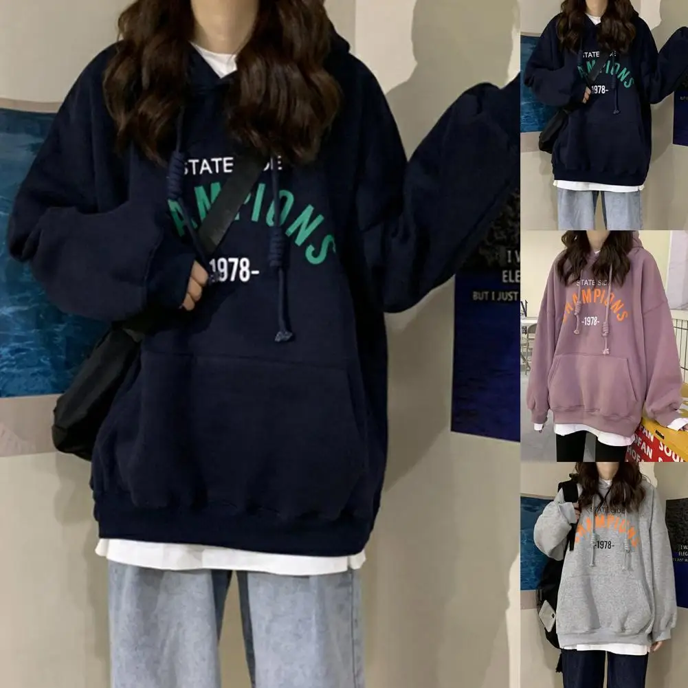 Women Letters Print Plush Warm Hoodie Sweatshirt Long Sleeve Autumn Pullover