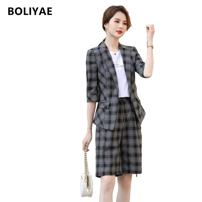 Boliyae Women's Summer Suit Casual Fashion 3/4 Sleeve Plaid Blazers and Shorts Office Ladies Jacket Tops Ensemble Femme 2 Pièces