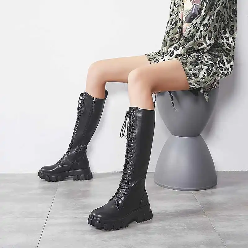 

Luxury brand Women Cowboy Knee Boots Punk Boots Martin boots Square Heels Shoes Lace Up Winter Warm Shoes Low Thick Booties