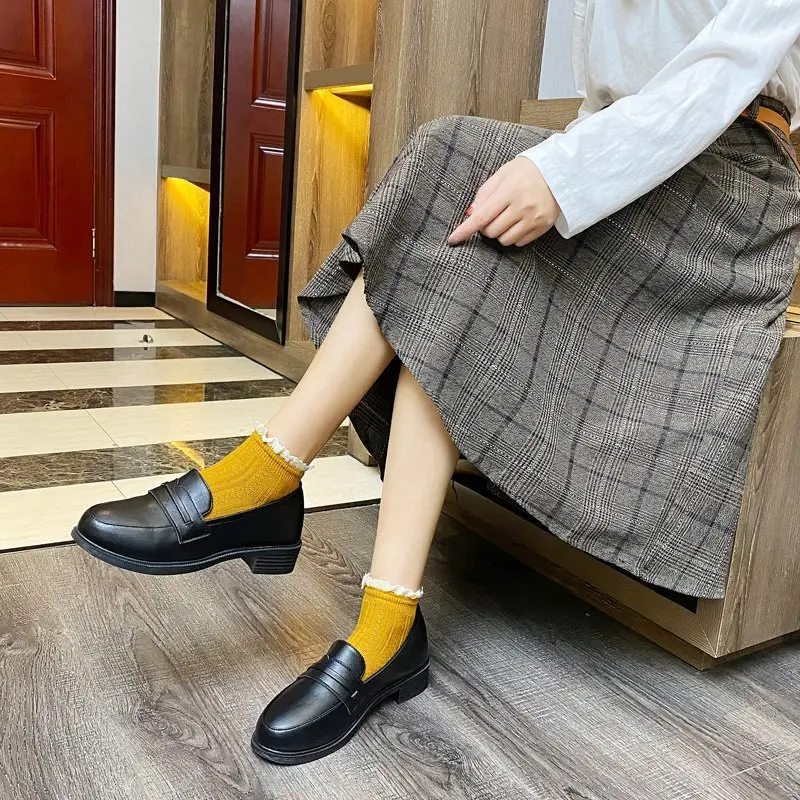 

2021 New Shoes Woman Solid Leather Oxford Shoes for Women Slip on Platform Shoes Women Round Toe Shallow Casual Shoes Plus Size