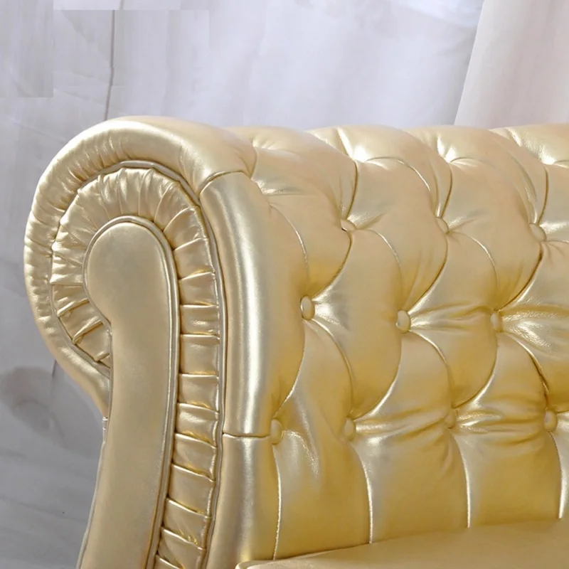 Modern Chesterfield Style Sofa Wooden Living Room Set Designs Gold color Leather Loveseat couch | Мебель