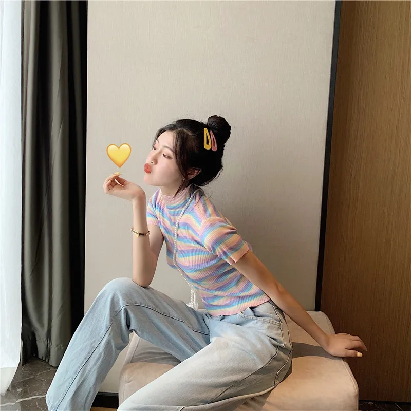 2020 Summer Ice Cream Tee Shirt Female Rainbow Striped Knitted Crop Top Women Short Sleeve Slim Fit T shirt Sweet Preepy Style | Женская