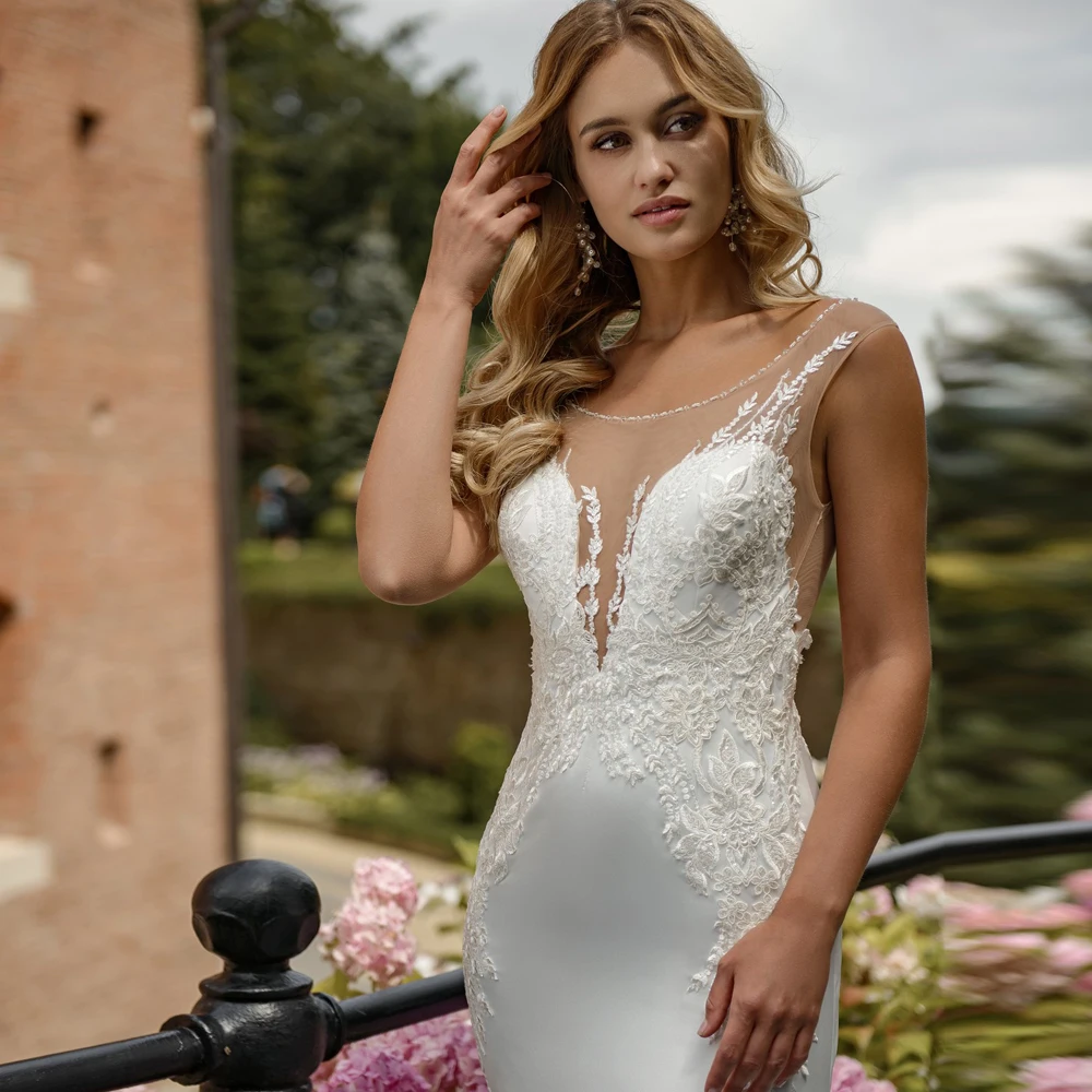 

Sexy Lace Mermaid Wedding Dresses Sheer Scoop Neck Sleeveless Applique Sweep Train Bride Wedding Dress Vestido De Noiva
