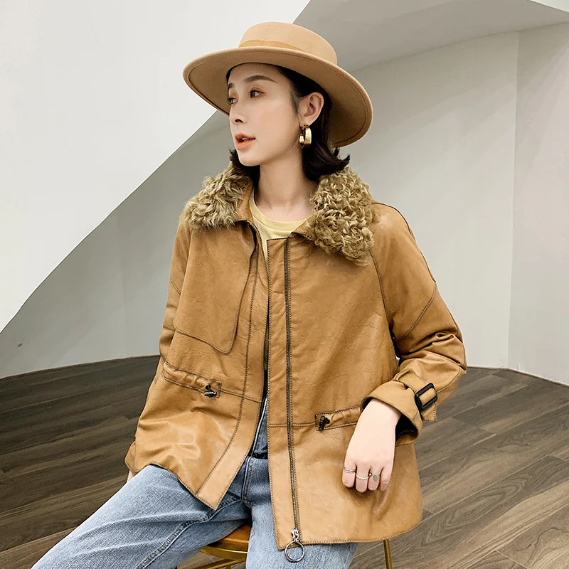

JCHB 2021 skin Winter New sheep Haining Leather down jacket leather coat women's short lamb fur loose coat