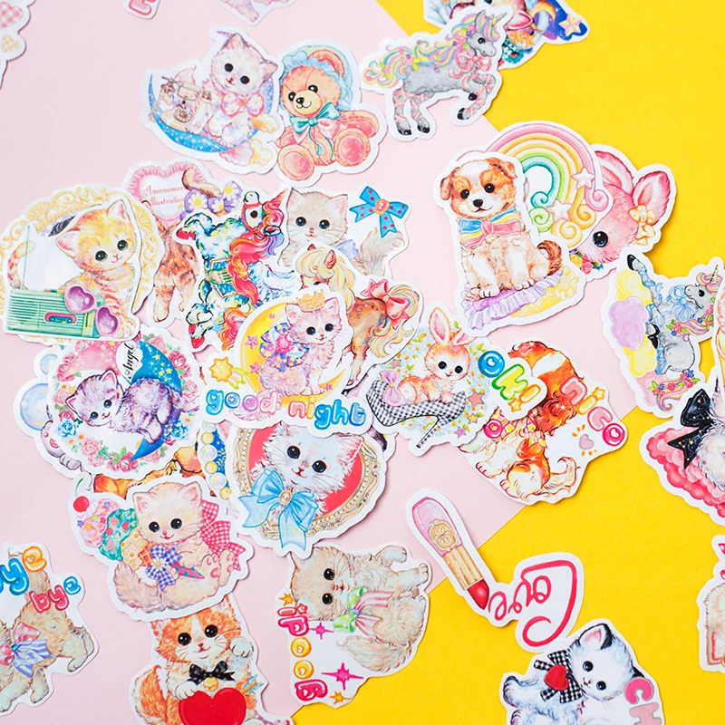 

Showa Style Cartoons Retro Cute Ins Girl Heart Small Animal Cat Puppy Hand Account Album Scrapbooking Decoration DIY Sticker