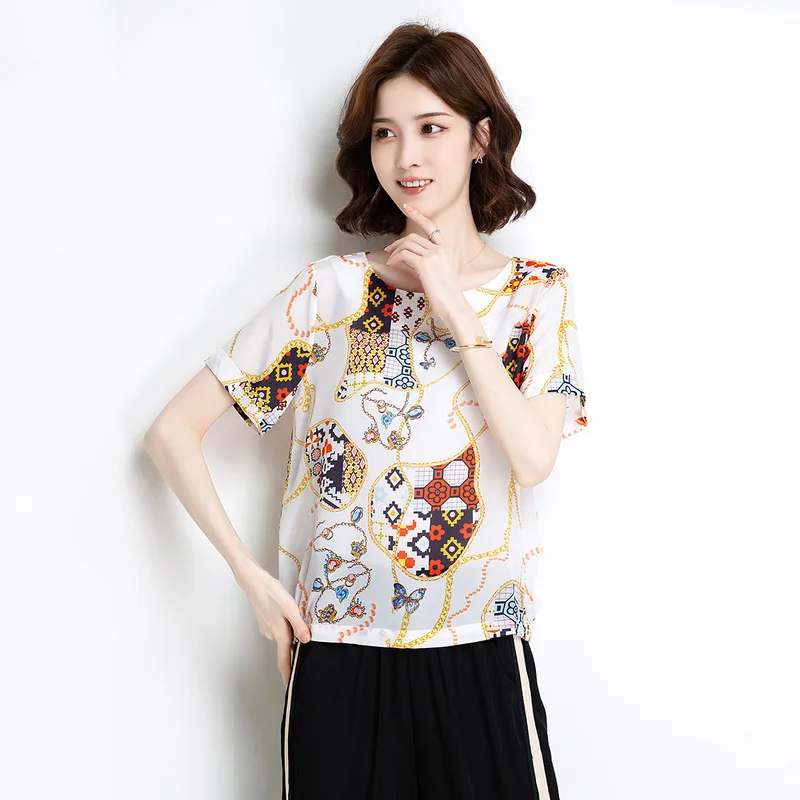 

[New summer products] Jinju summer new round neck chain printing silk mulberry silk T-shirt comfortable and breathable