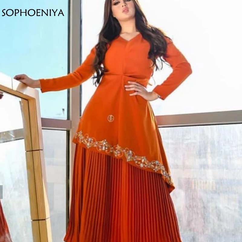 

New Arrival V Neck Long sleeve evening dresses Vestidos de festa Satin Orange Muslim evening dress Plus size gown