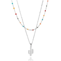 women layered plant cactus pendant necklace stainless steel colorful beads chain choker fashion jewelry gift for friends