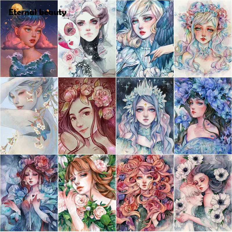 

Diamond Painting Illustration Girl's Portrait and Flowers Diamond Embroidery Cross Stitch Kits Home Decoration Diamond Mosaic