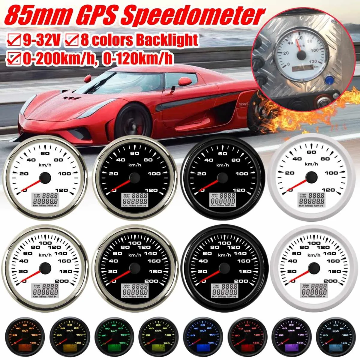 

9-32V Car Boat Marine GPS Speedometer Odometers Gauge LCD Display 85mm Auto Speed Meter Gauge 8 Color Backlight 0-200km/h